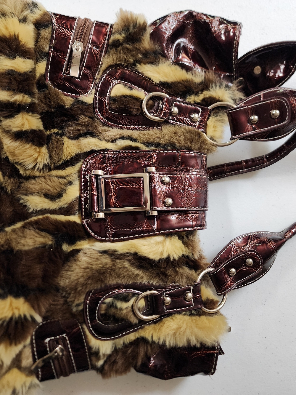Y2K Faux Fur Tiger-Stripe Tote with Brown Patent Trim